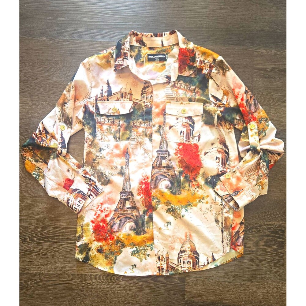 Karl Lagerfeld Paris Men's L Satin Polyester Button-Up Shirt Paris Graphic Print